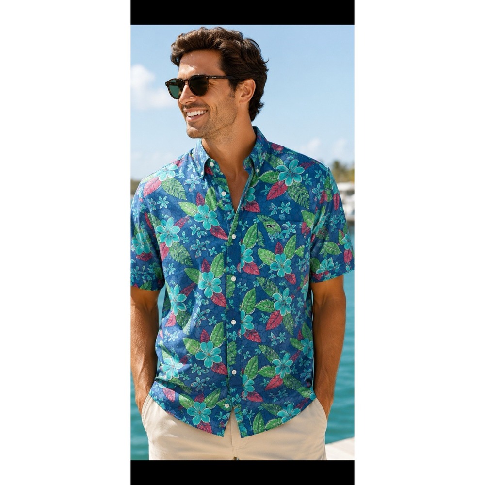 Vineyard Vines TuckerXL floral Hawaiian button up Whale Logo Short Sleeve Costal